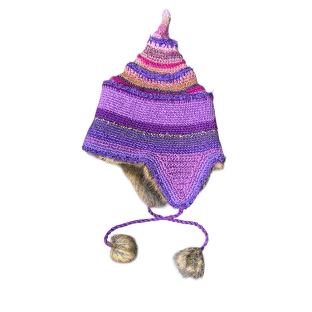 Funky Crochet Chunky Knit Pointed TRAPPER Hat Faux FUR lined Adult - Picture 5 of 11